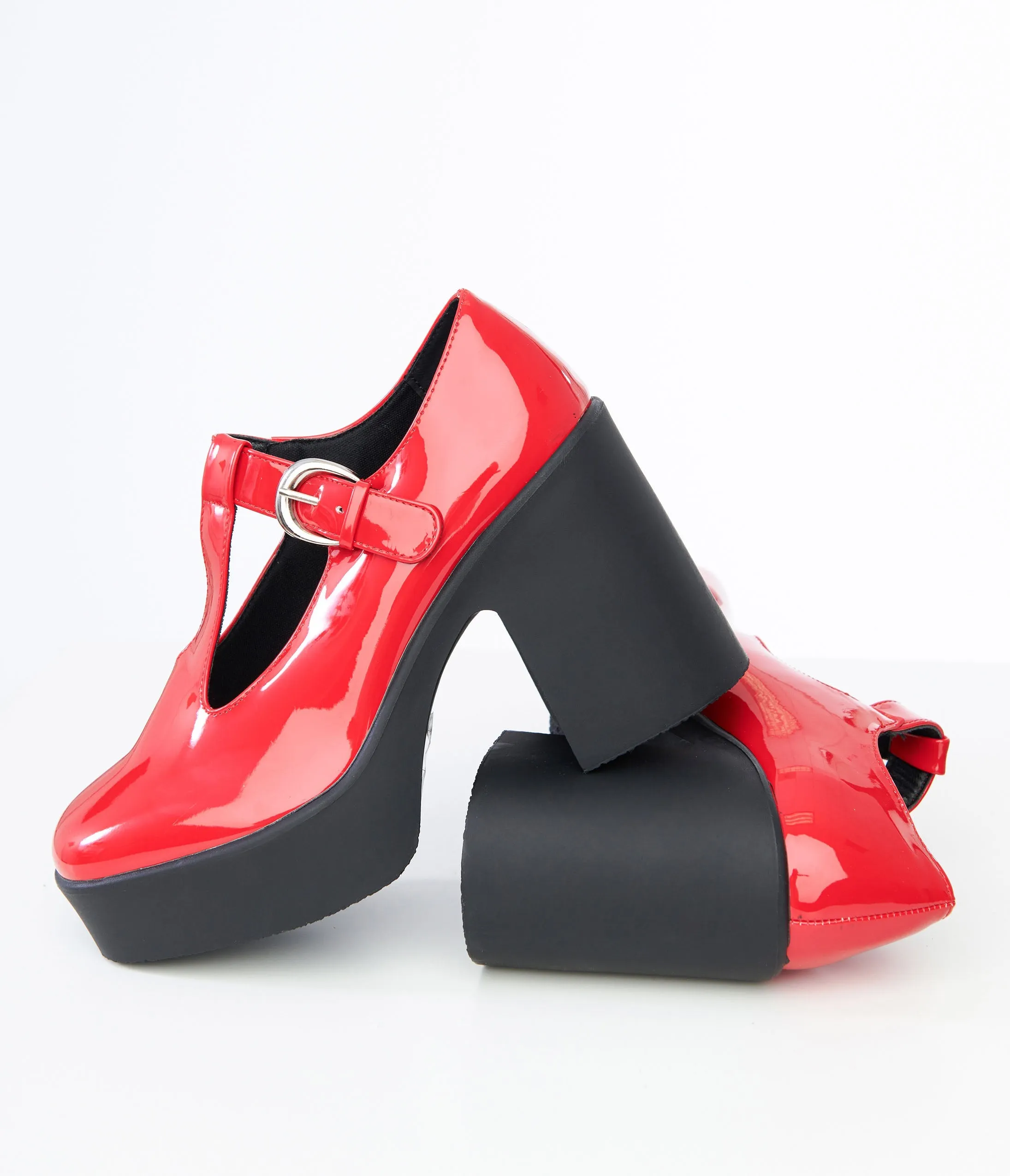 1990s Red Patent Leatherette T-Strap Platforms