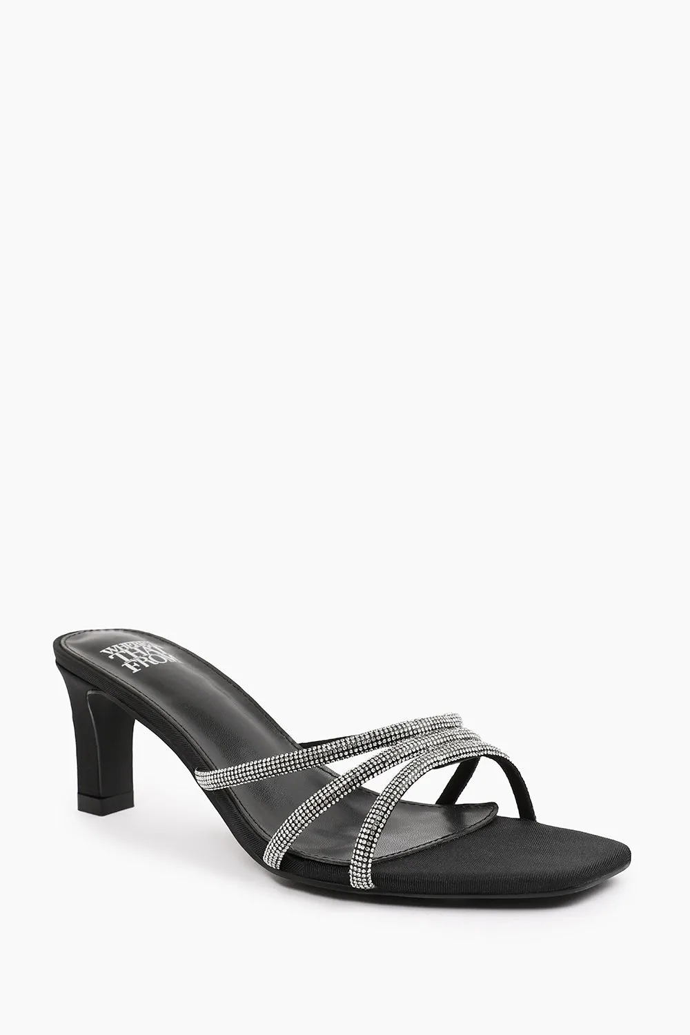 ABIA WIDE FIT SQUARE TOE LOW BLOCK HEEL WITH DIAMANTE STRAP DETAIL IN BLACK SATIN