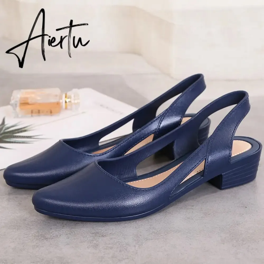 Aiertu Jelly Sandals Women Pointed Toe Chunky Med High Heels Flip Flops Slingback Casual Candy Skidproof Beach Shoes For Women