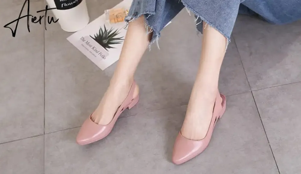 Aiertu Jelly Sandals Women Pointed Toe Chunky Med High Heels Flip Flops Slingback Casual Candy Skidproof Beach Shoes For Women