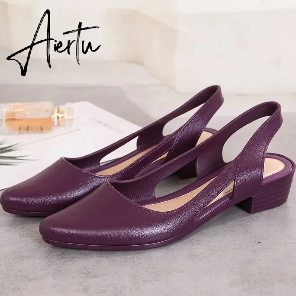 Aiertu Jelly Sandals Women Pointed Toe Chunky Med High Heels Flip Flops Slingback Casual Candy Skidproof Beach Shoes For Women