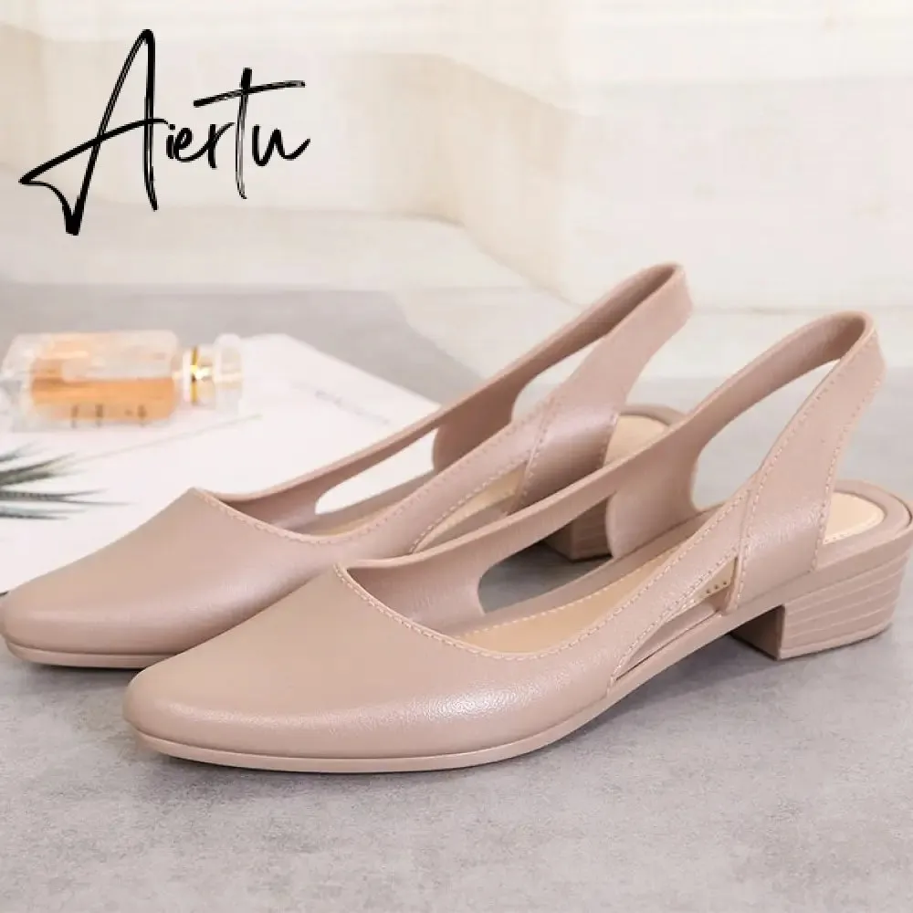 Aiertu Jelly Sandals Women Pointed Toe Chunky Med High Heels Flip Flops Slingback Casual Candy Skidproof Beach Shoes For Women