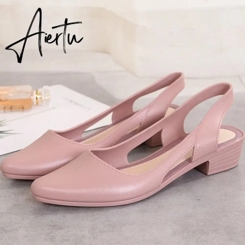 Aiertu Jelly Sandals Women Pointed Toe Chunky Med High Heels Flip Flops Slingback Casual Candy Skidproof Beach Shoes For Women