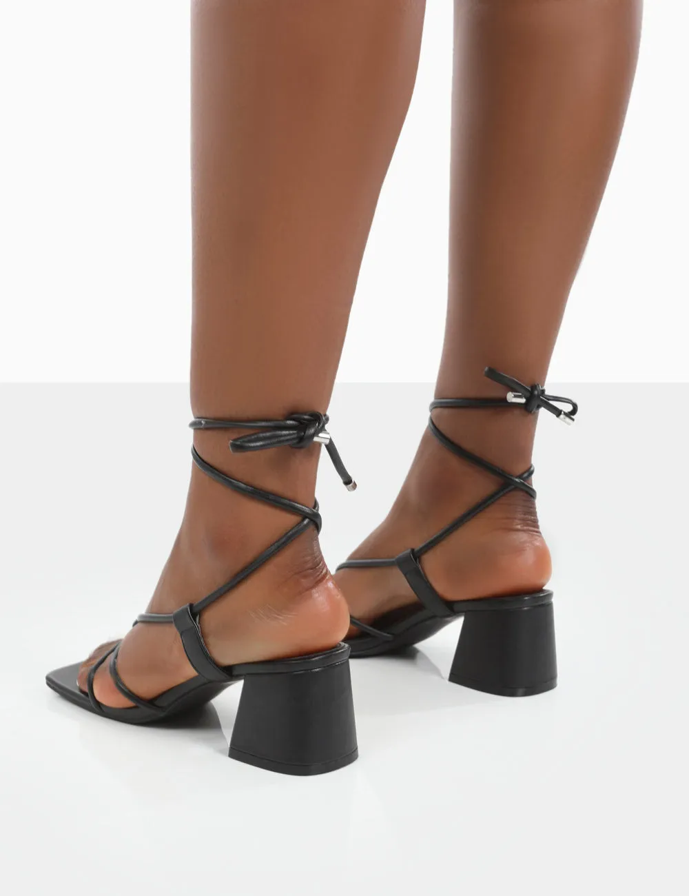 Aloha Black Lace Up Block Mid Heeled Sandals