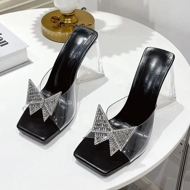 Amozae-Fashion Rhinestone Bowtie Buckle Slippers Women Summer PVC Transparent Jelly Sandals Crystal Perspex Heels Ladies Dress Shoes