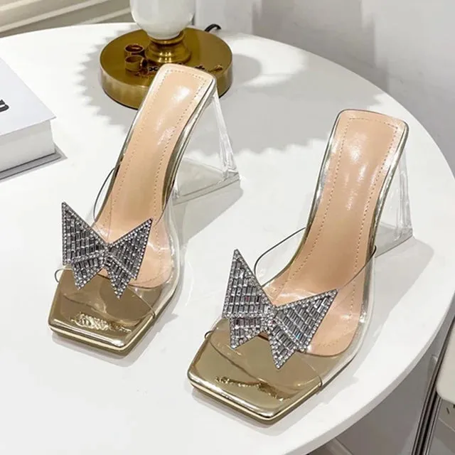 Amozae-Fashion Rhinestone Bowtie Buckle Slippers Women Summer PVC Transparent Jelly Sandals Crystal Perspex Heels Ladies Dress Shoes