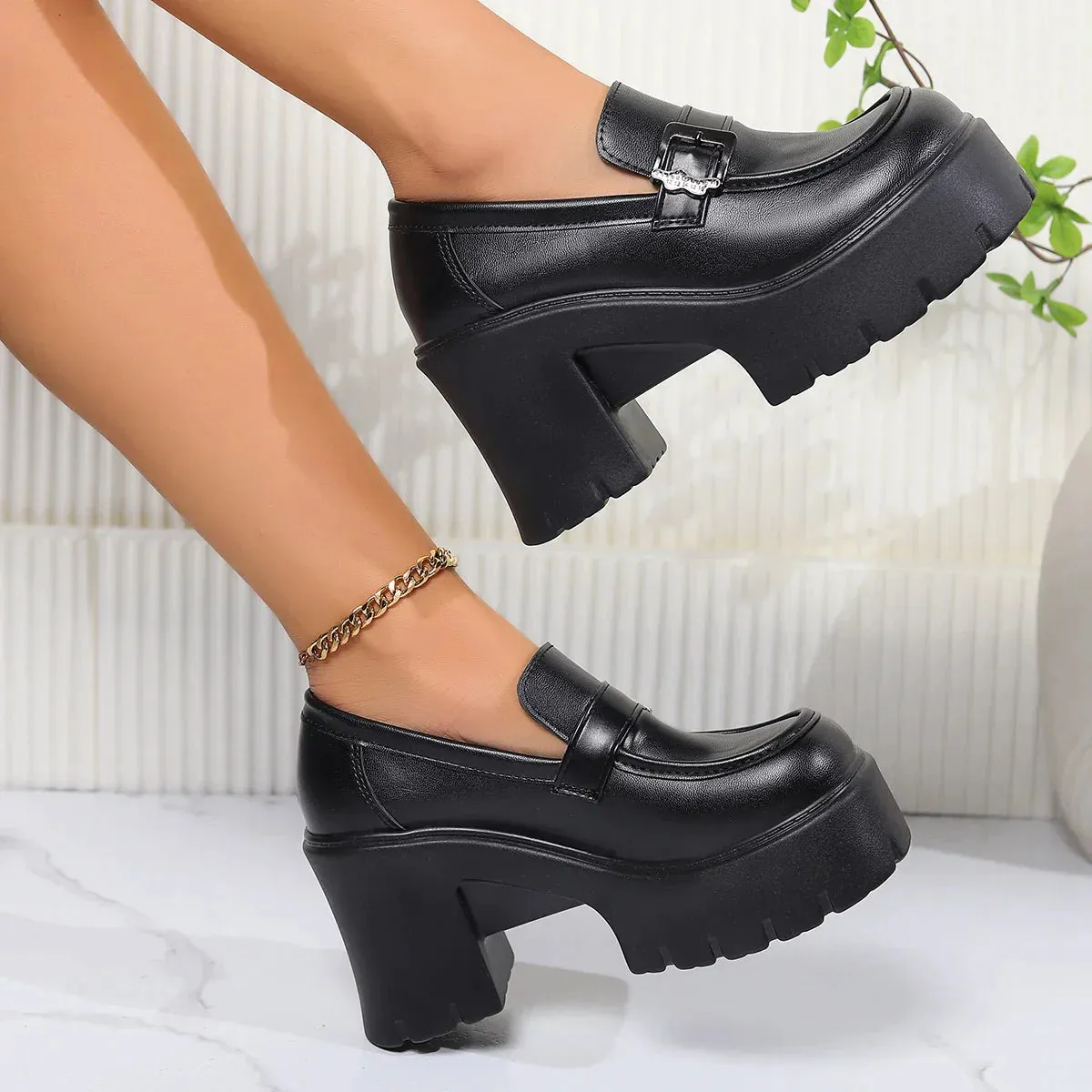 AMOZAE- - Gothic Black Chunky Heels Pumps for Women PU Leather