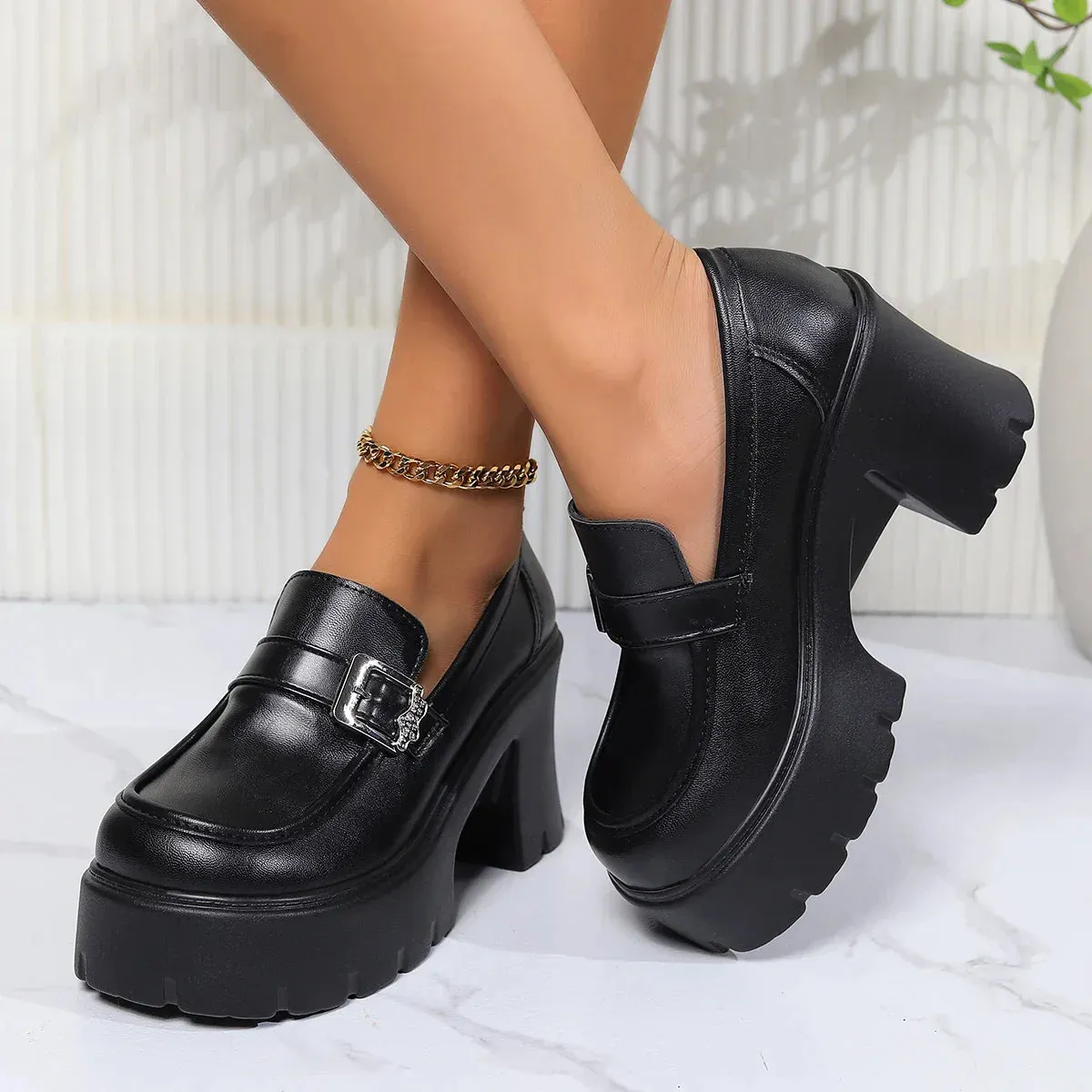 AMOZAE- - Gothic Black Chunky Heels Pumps for Women PU Leather