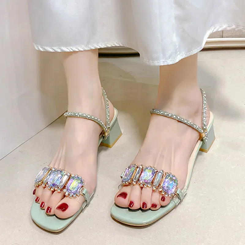 AMOZAE- - Summer Rhinestone Square-Heeled Sandals, Transparent PVC Jelly Style