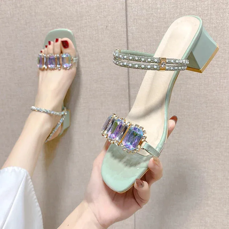 AMOZAE- - Summer Rhinestone Square-Heeled Sandals, Transparent PVC Jelly Style