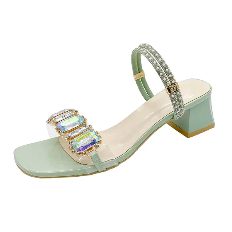 AMOZAE- - Summer Rhinestone Square-Heeled Sandals, Transparent PVC Jelly Style