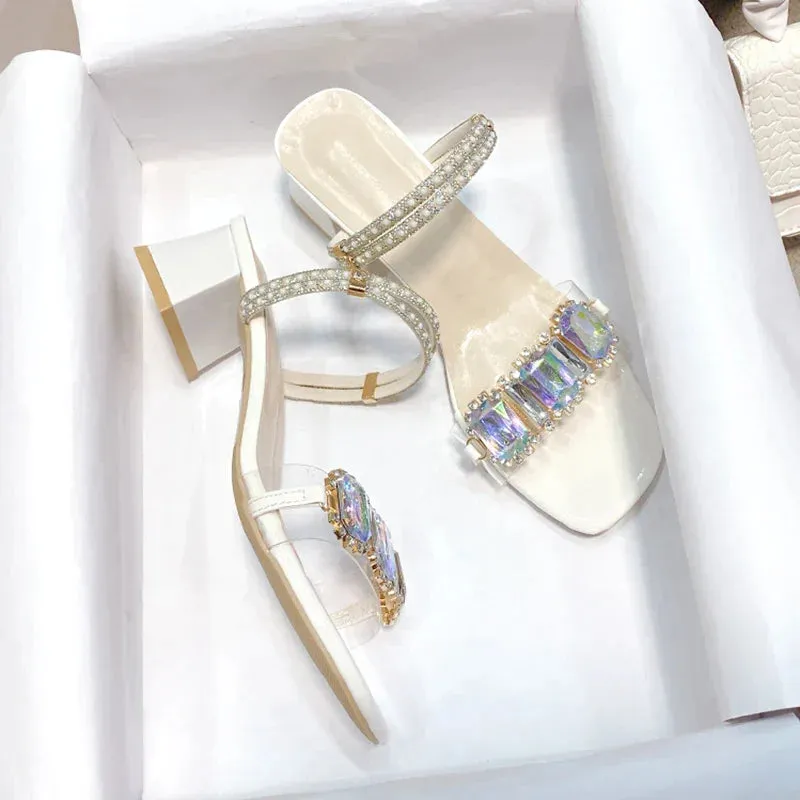 AMOZAE- - Summer Rhinestone Square-Heeled Sandals, Transparent PVC Jelly Style