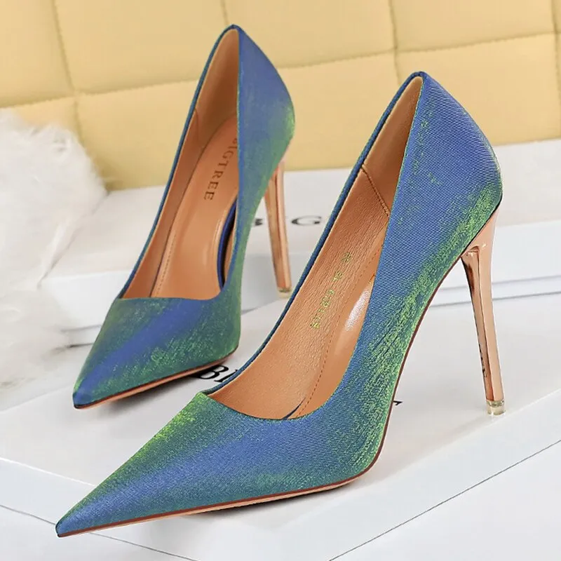 Amozae-     Women 8.5cm High Heels Pumps Silk Stiletto Escarpins Blue Heels Lady Fashion Wedding Bridal Stripper Satin Luxury Shoes