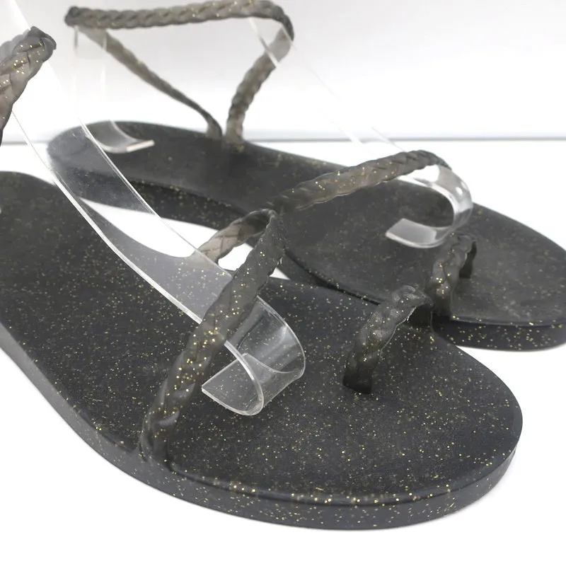 Ancient Greek Sandals Eleftheria Jelly Sandals Black/Gold Glitter Size 39