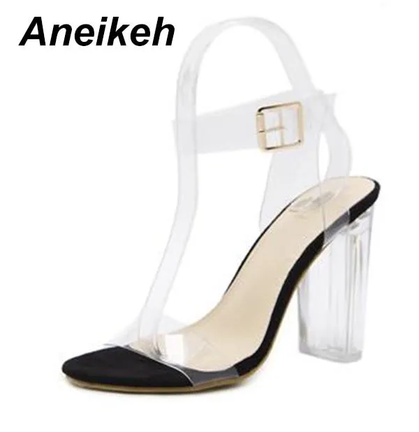 Aneikeh New Women Sandals PVC Jelly Crystal Heel Transparent Women Sexy Clear High Heels Summer Sandals Pumps Shoes Size 41 42