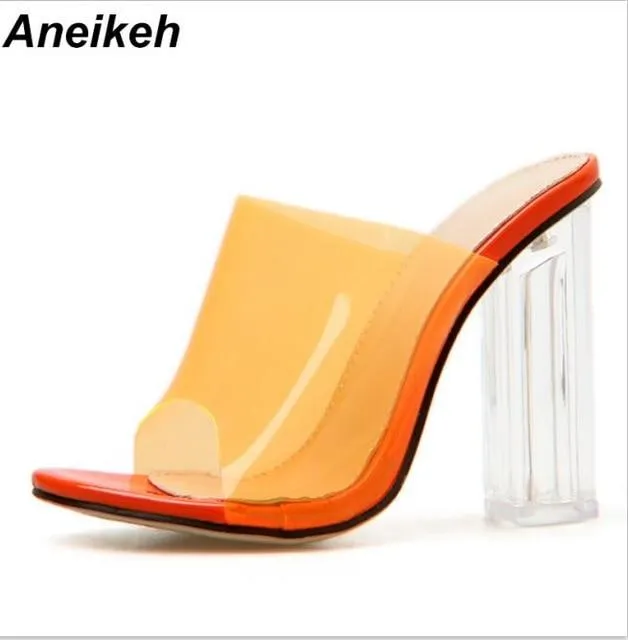 Aneikeh New Women Sandals PVC Jelly Crystal Heel Transparent Women Sexy Clear High Heels Summer Sandals Pumps Shoes Size 41 42