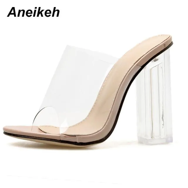 Aneikeh New Women Sandals PVC Jelly Crystal Heel Transparent Women Sexy Clear High Heels Summer Sandals Pumps Shoes Size 41 42