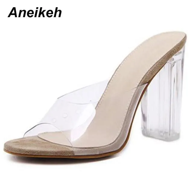 Aneikeh New Women Sandals PVC Jelly Crystal Heel Transparent Women Sexy Clear High Heels Summer Sandals Pumps Shoes Size 41 42