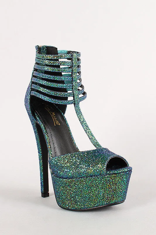 Anne Michelle Strappy Iridescent Textured Peep Toe Platform Heel