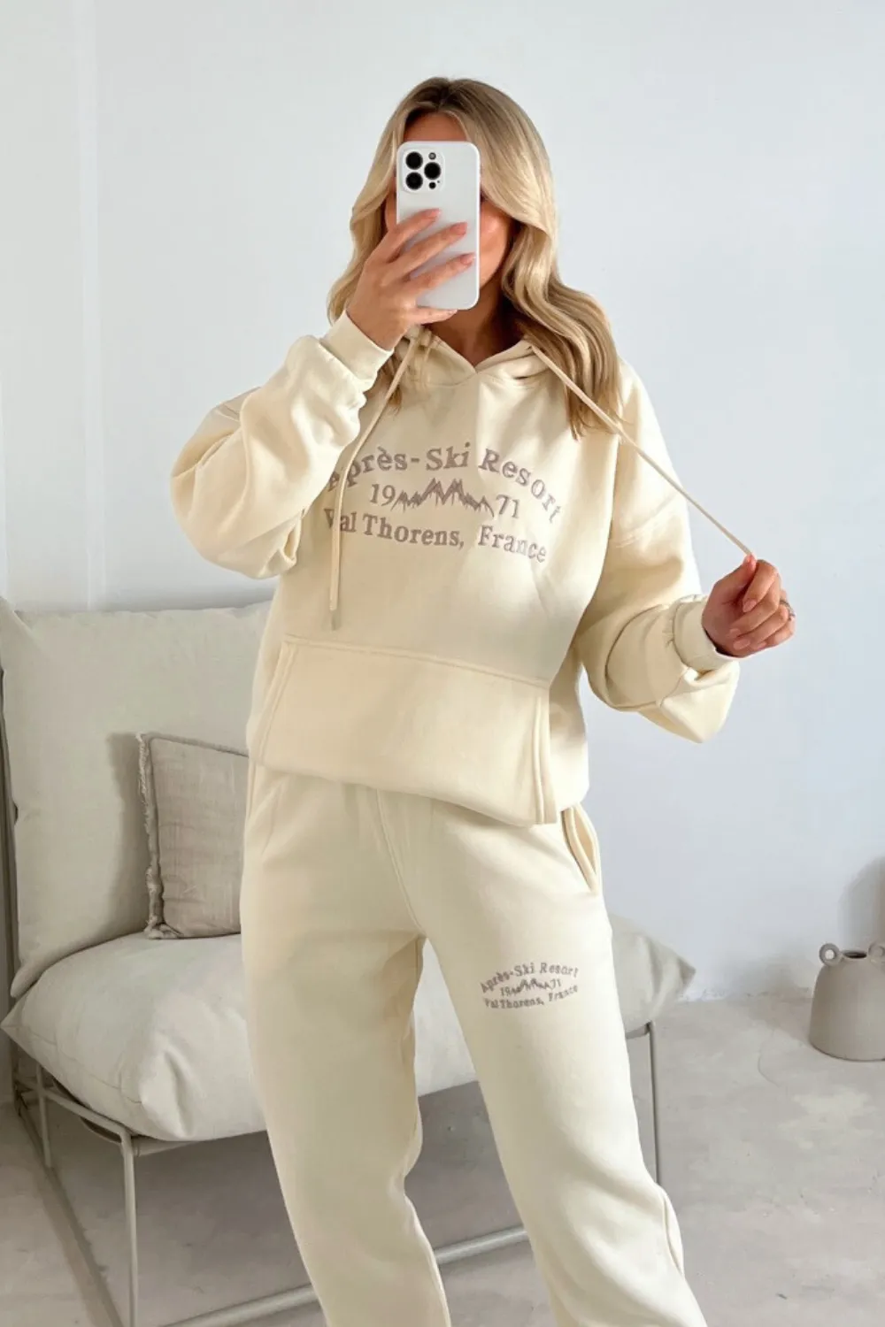 Apres Ski ecru with beige embroidered hoodie joggers loungewear