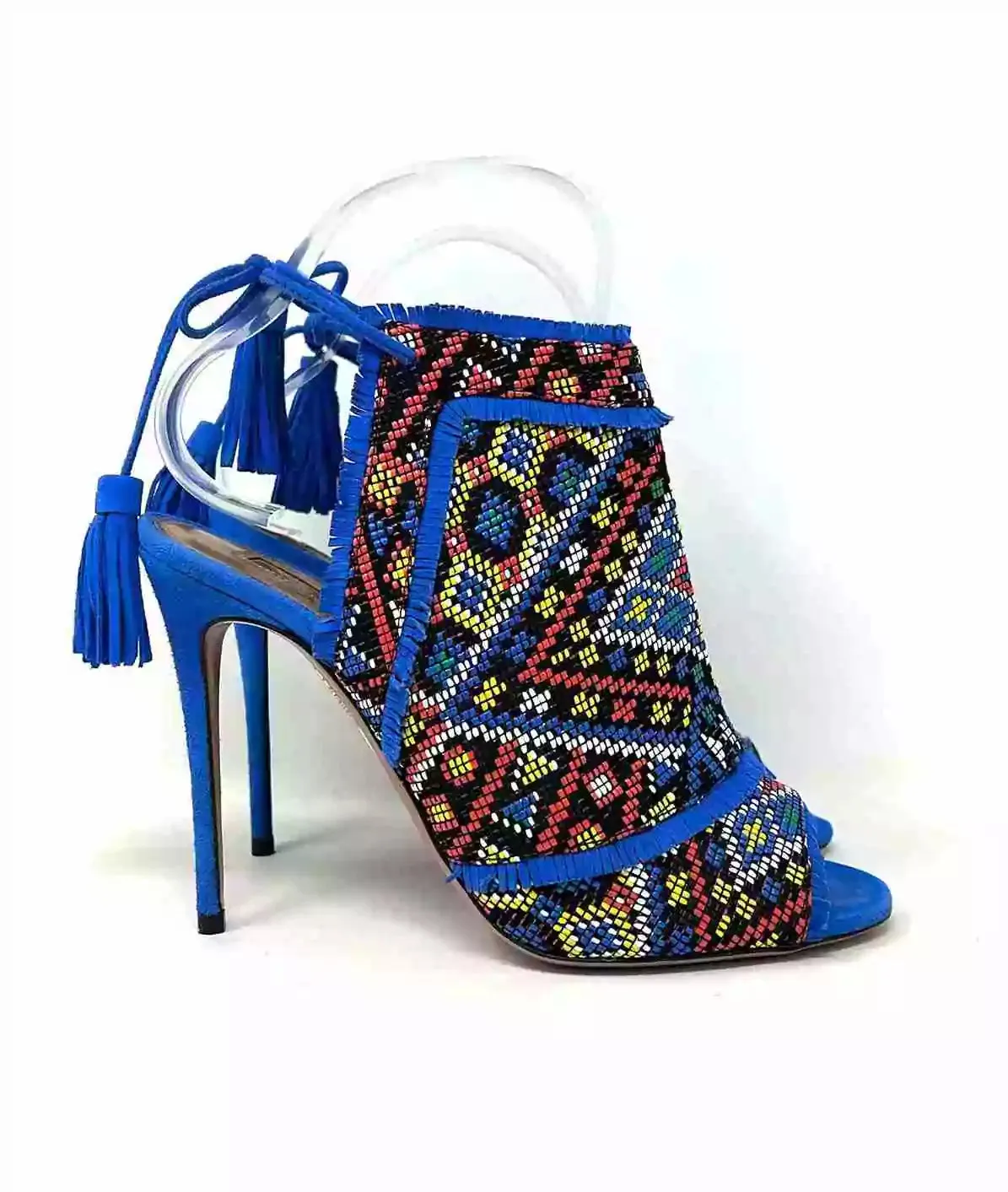 Aquazzura Colorado Embroidered Multicolor Blue Suede Peep Toe Heels Sandals 37 UK 4