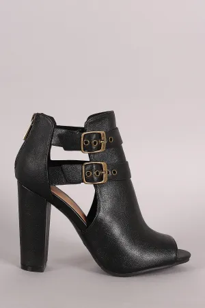 Bamboo Double Buckled Cutout Heeled Booties