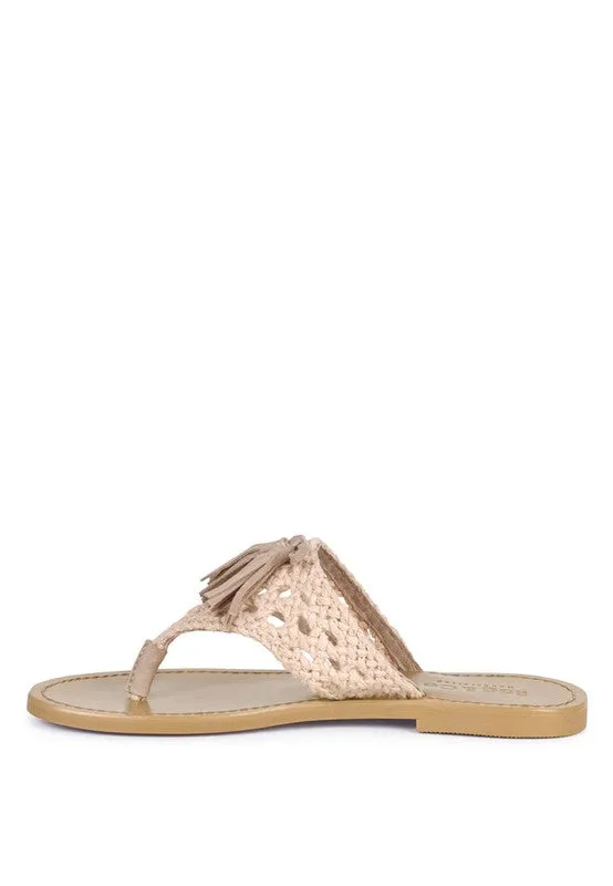 Beech Handwoven Natural Suede Tassel Thong Flats