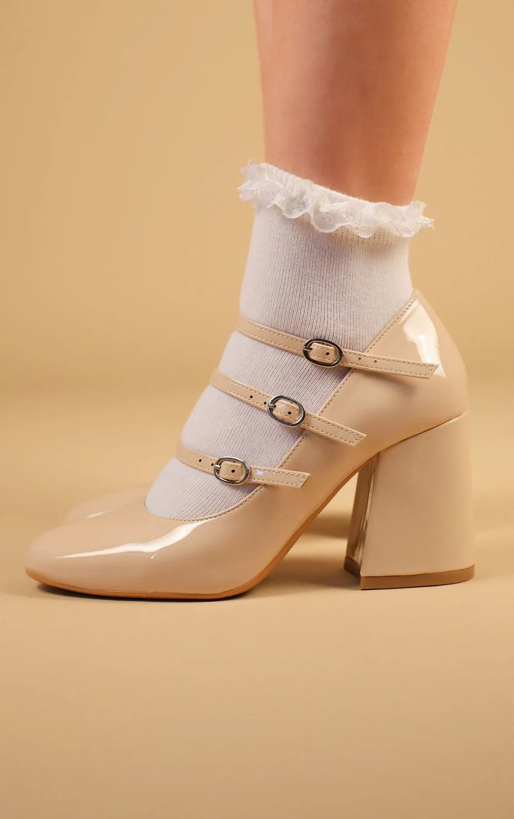 Beige Chunky Triple Strap Mary Jane Heels