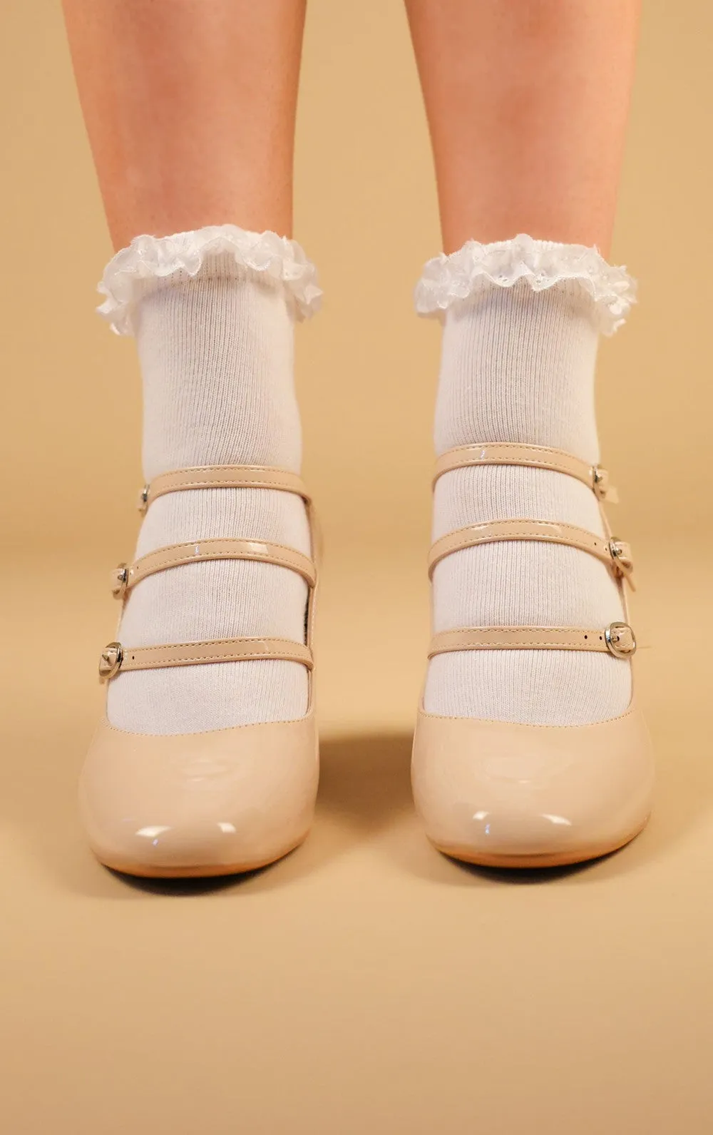 Beige Chunky Triple Strap Mary Jane Heels