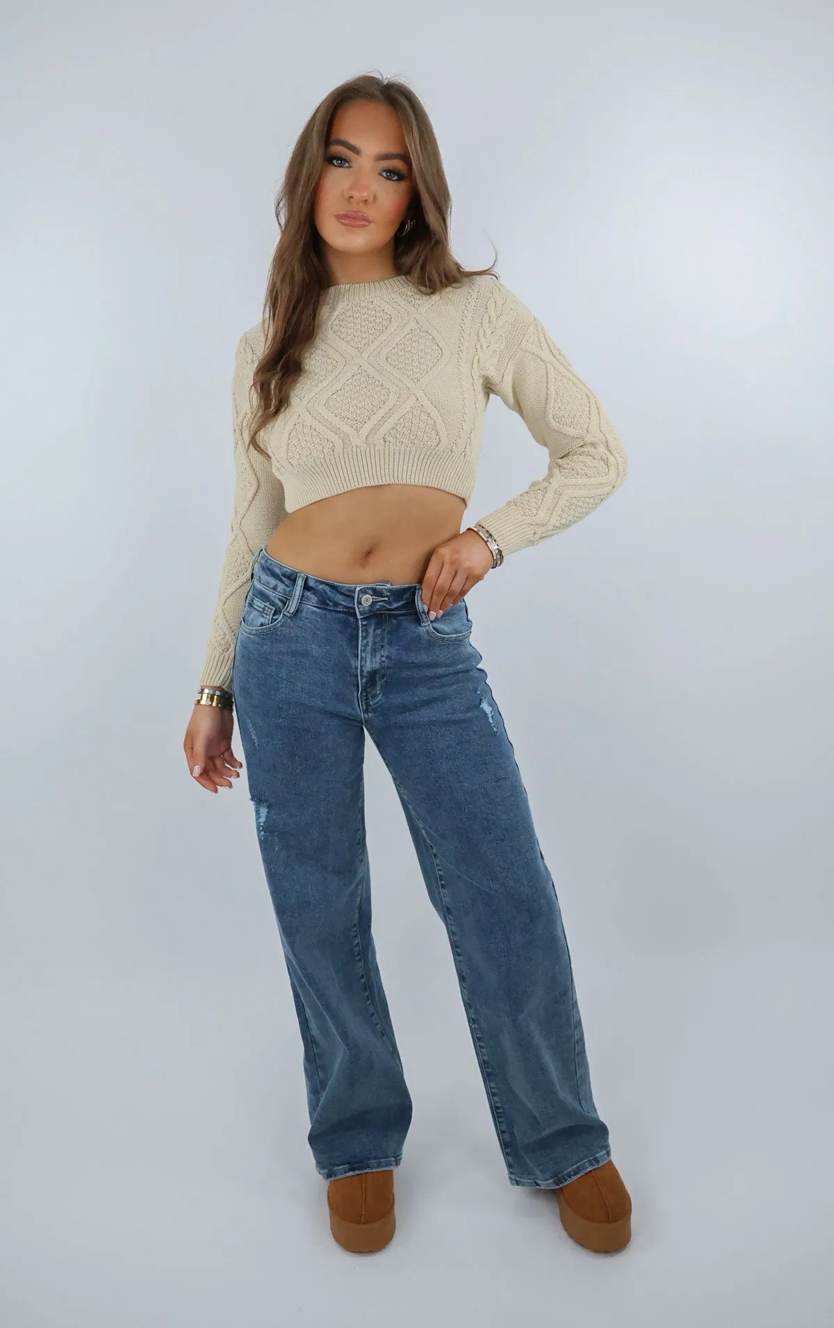 Beige Cropped Cable Knit Chunky Jumper