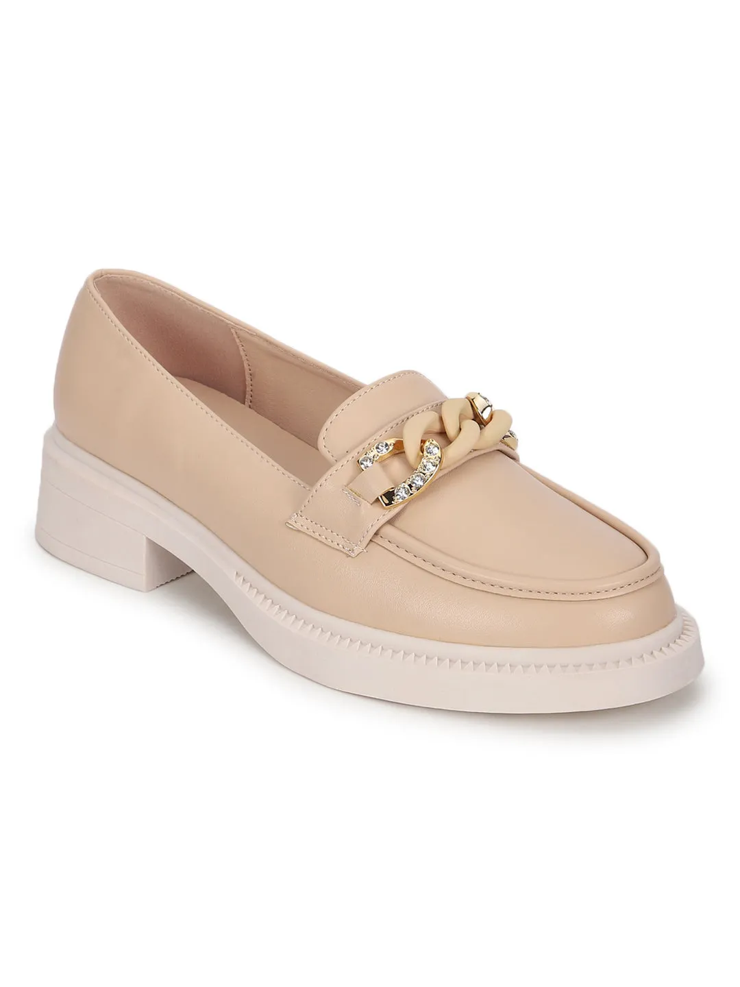 Beige PU Embellished Slip-On Heel Loafers (TC-RS3589-BEIG)