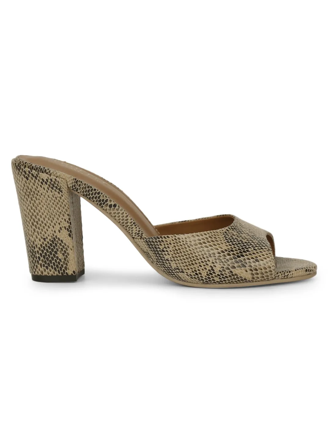 Beige PU Snake Peep Toe Mules