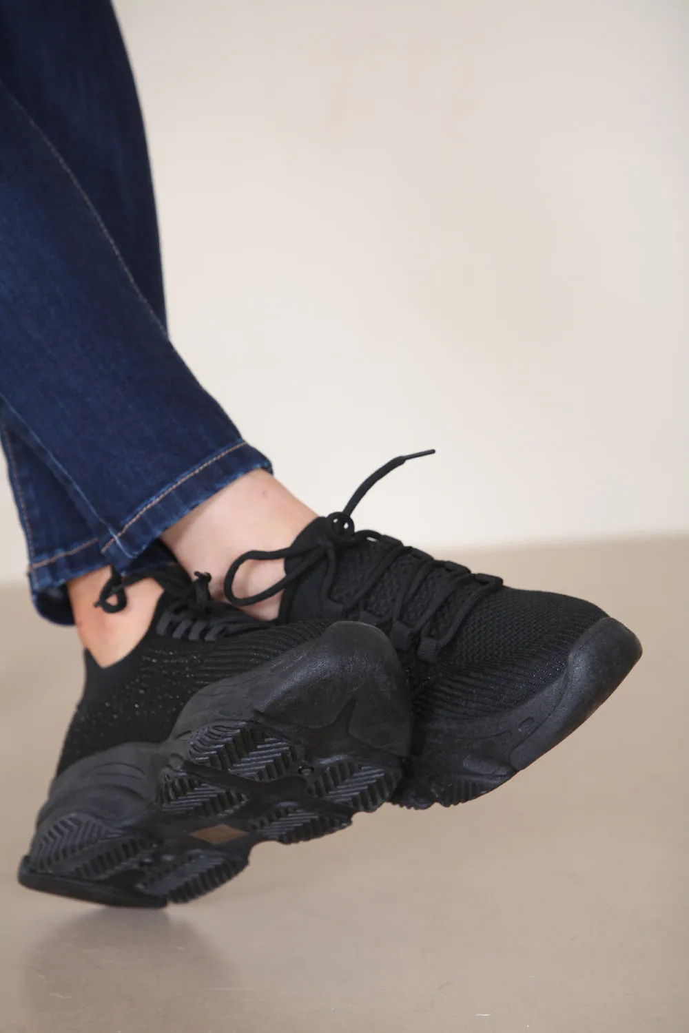 BLACK CHUNK SOLE DIAMANTE DETAIL LACE UP TRAINERS