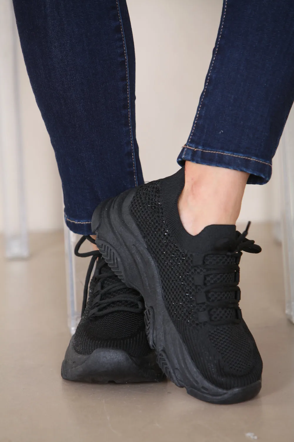 BLACK CHUNK SOLE DIAMANTE DETAIL LACE UP TRAINERS