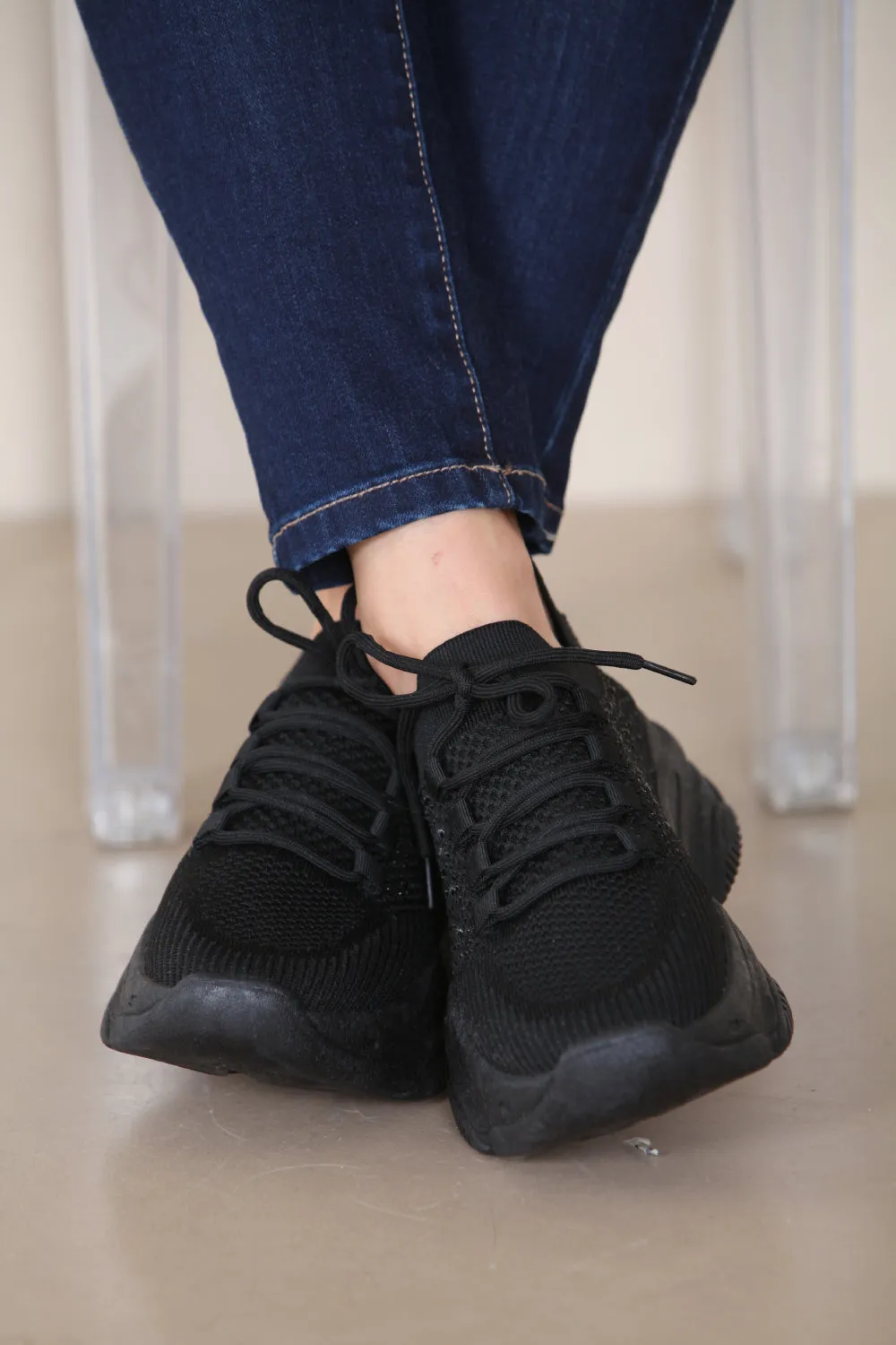 BLACK CHUNK SOLE DIAMANTE DETAIL LACE UP TRAINERS