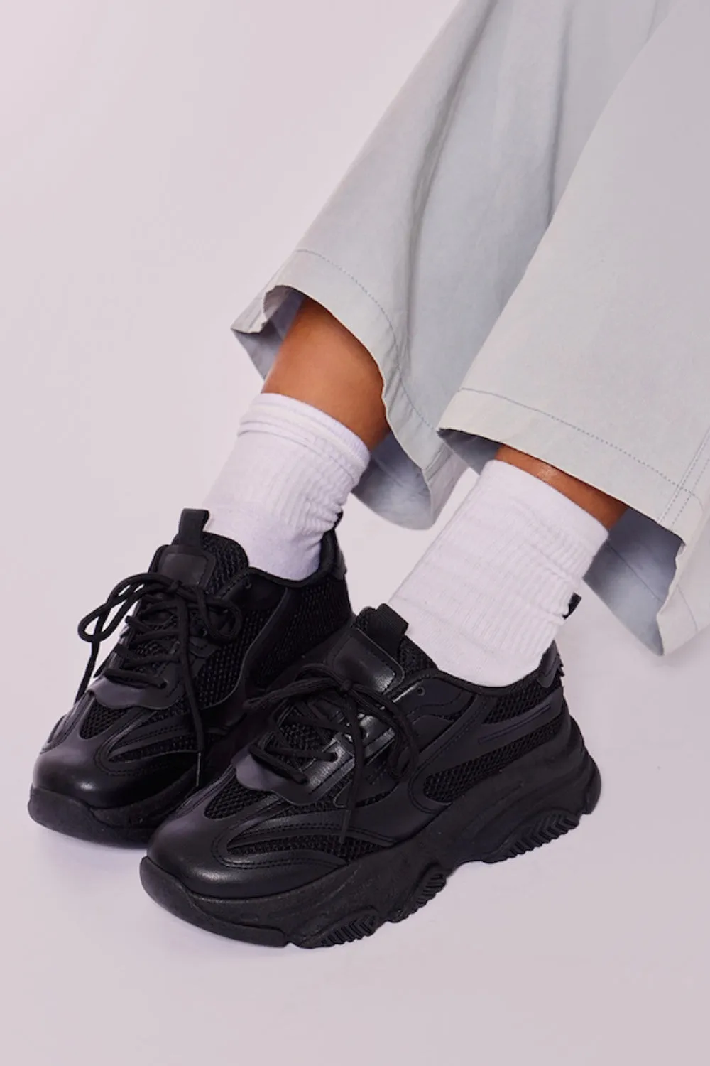 BLACK CHUNK SOLE TONAL MESH CONTRAST LACE UP TRAINERS