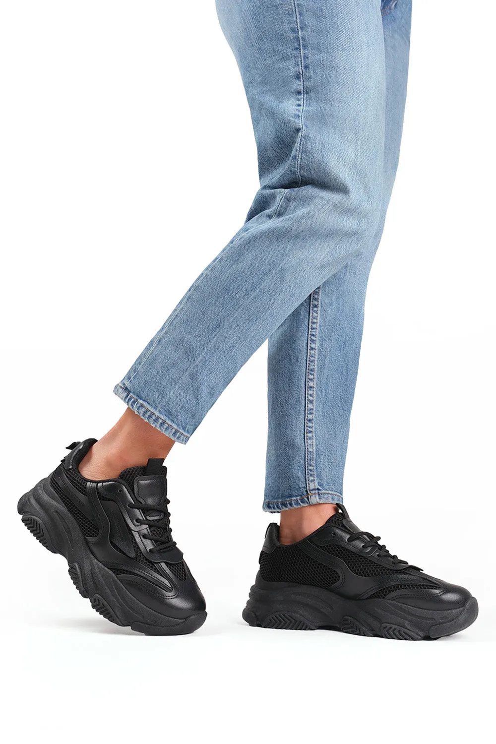 BLACK CHUNK SOLE TONAL MESH CONTRAST LACE UP TRAINERS