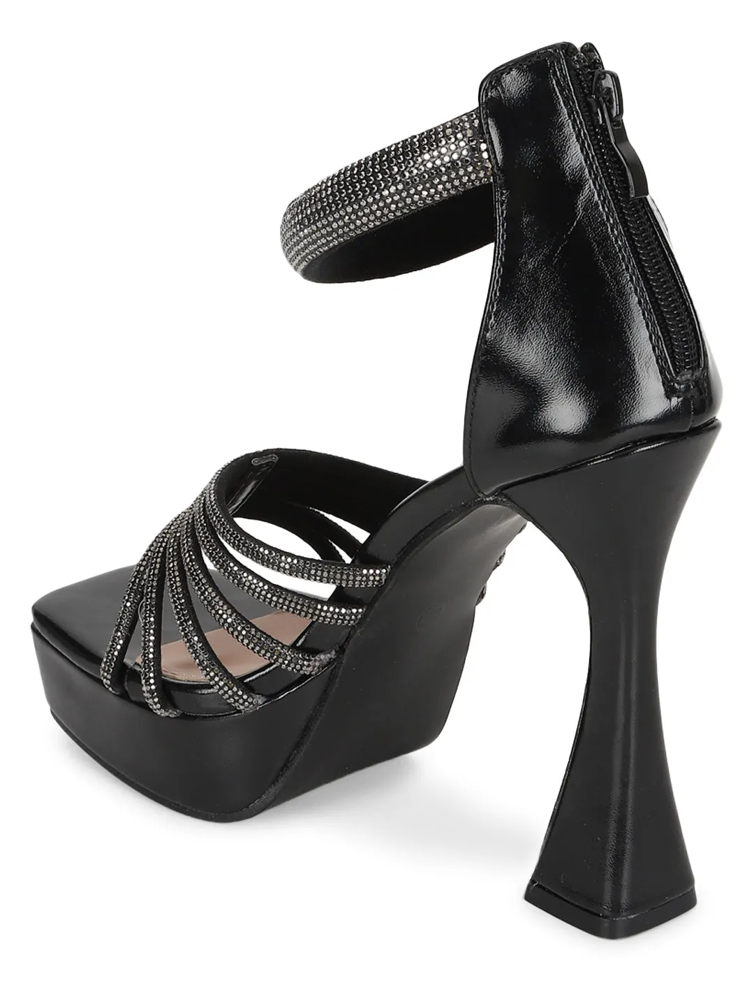 Black Embellished Block High Heel Platform Sandals (TC-RS3606-BLK)