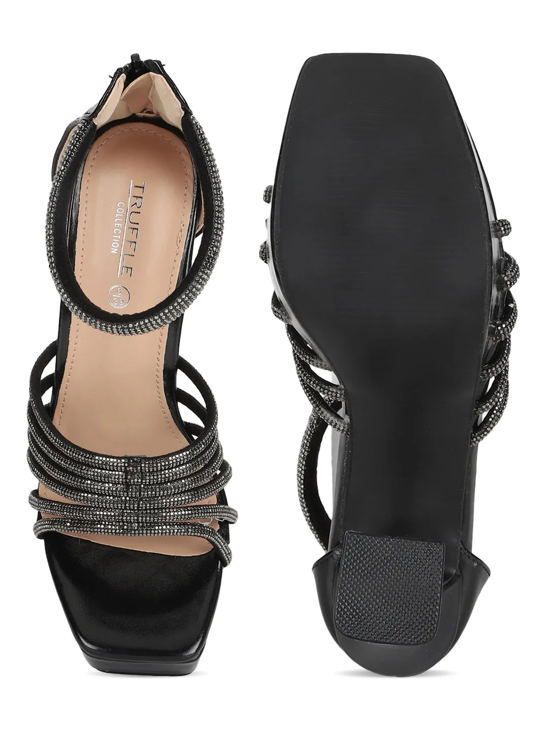 Black Embellished Block High Heel Platform Sandals (TC-RS3606-BLK)