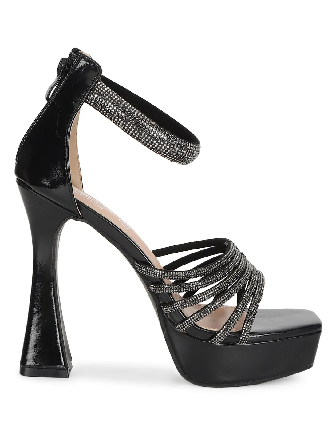 Black Embellished Block High Heel Platform Sandals (TC-RS3606-BLK)