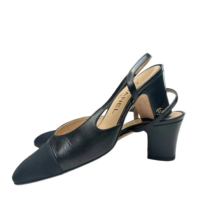 Black Leather Slingback Heels - 5.5