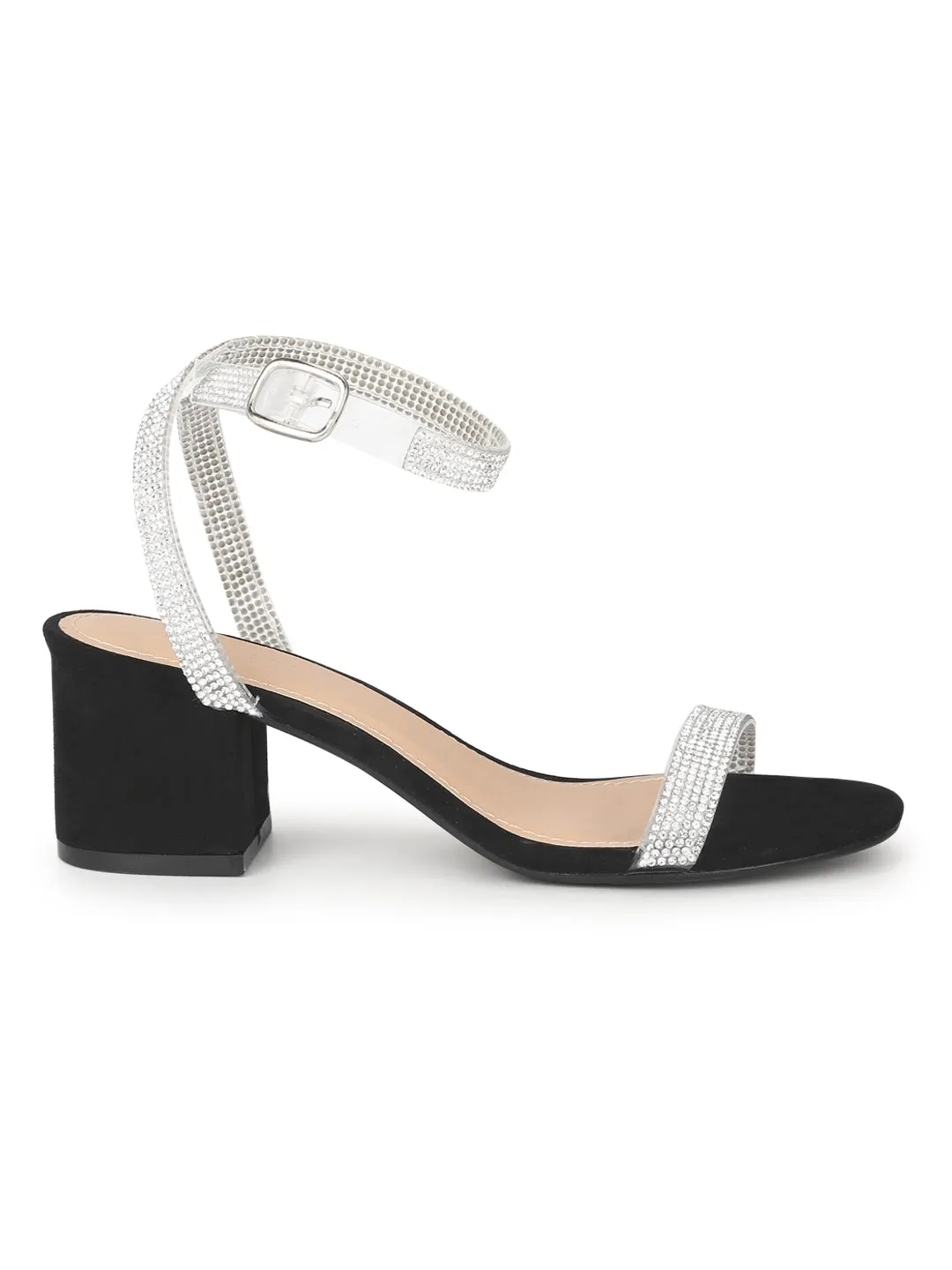 Black Micro Diamante Low Block Heels