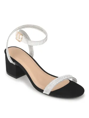 Black Micro Diamante Low Block Heels