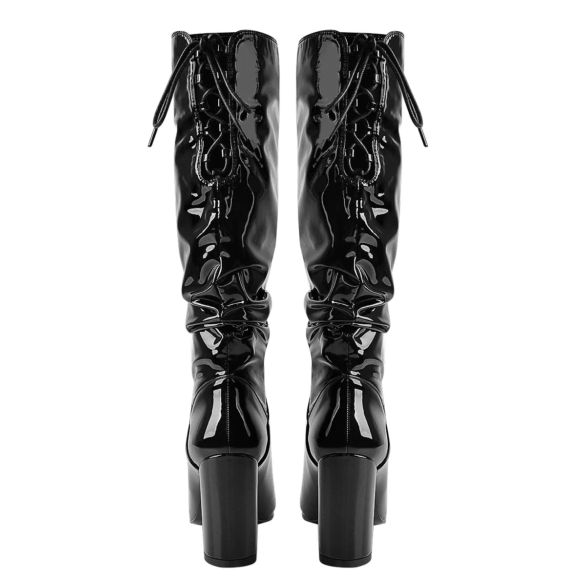 Black Patent Leather Chunky Heels Boots