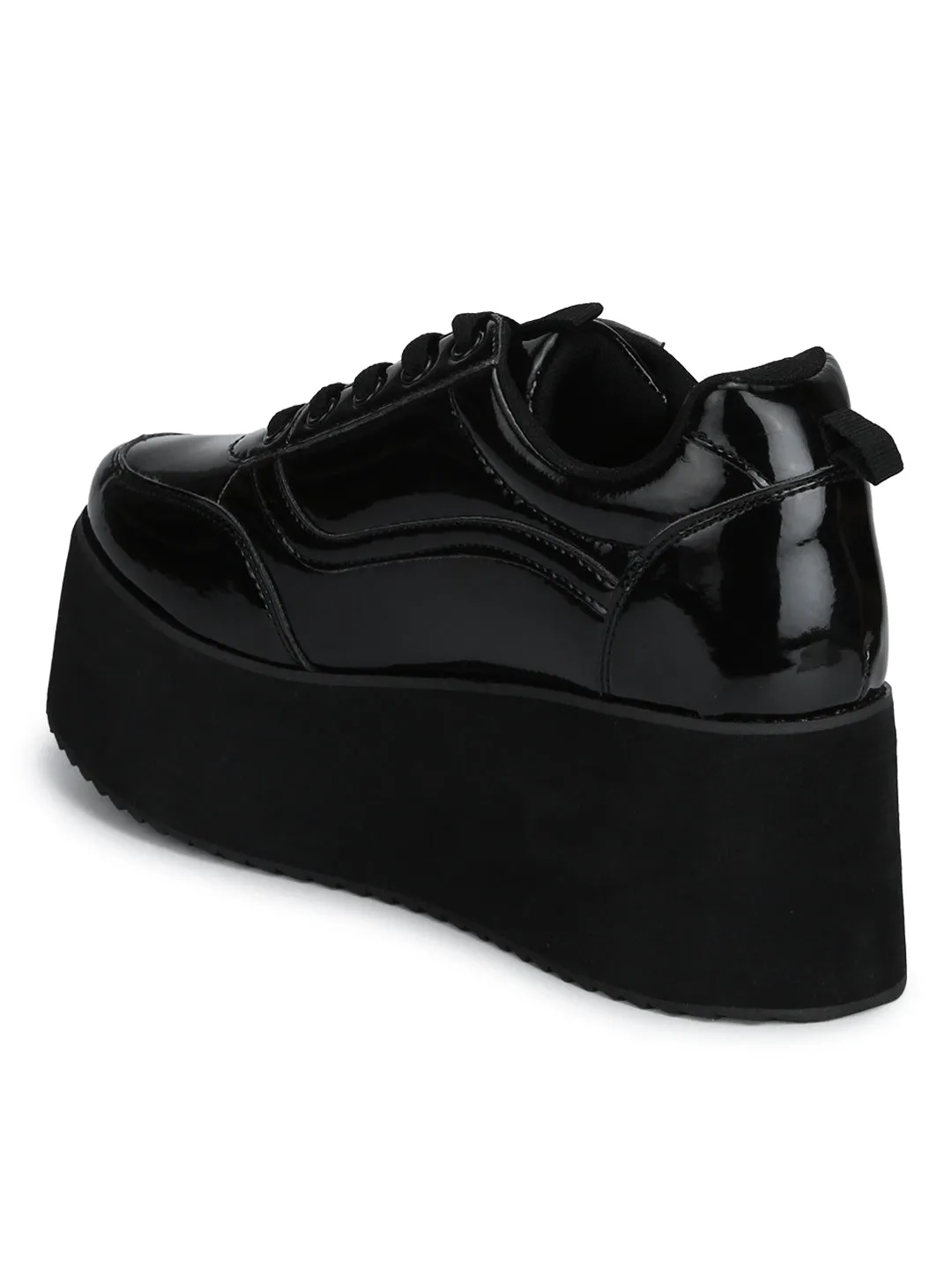 Black Patent PU Lace-Up Flatform Sneakers