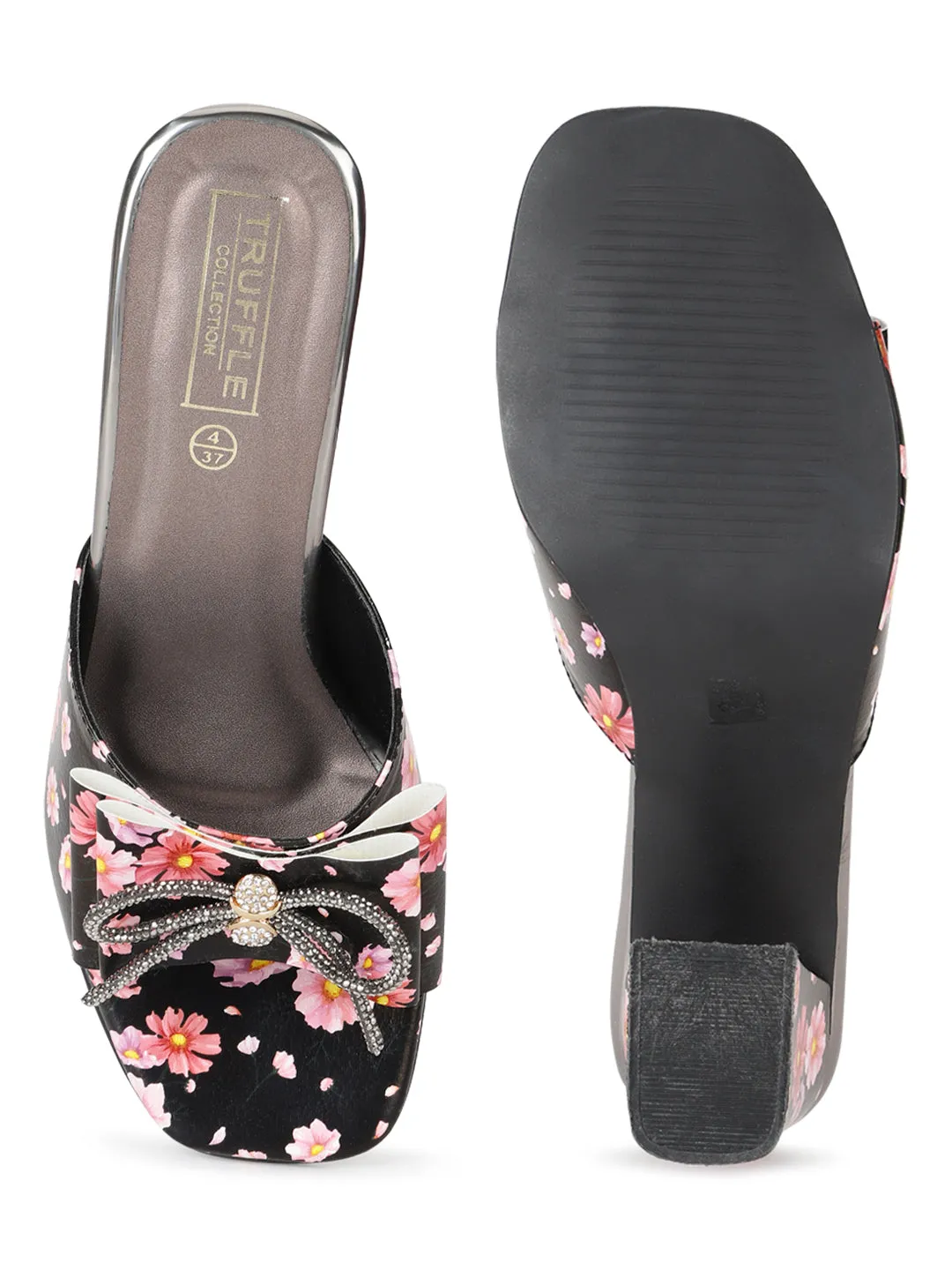 Black PU Floral Diamante Bow Block Heel Mules (TC-SLC-R550-BLK)