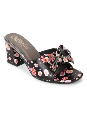 Black PU Floral Diamante Bow Block Heel Mules (TC-SLC-R550-BLK)