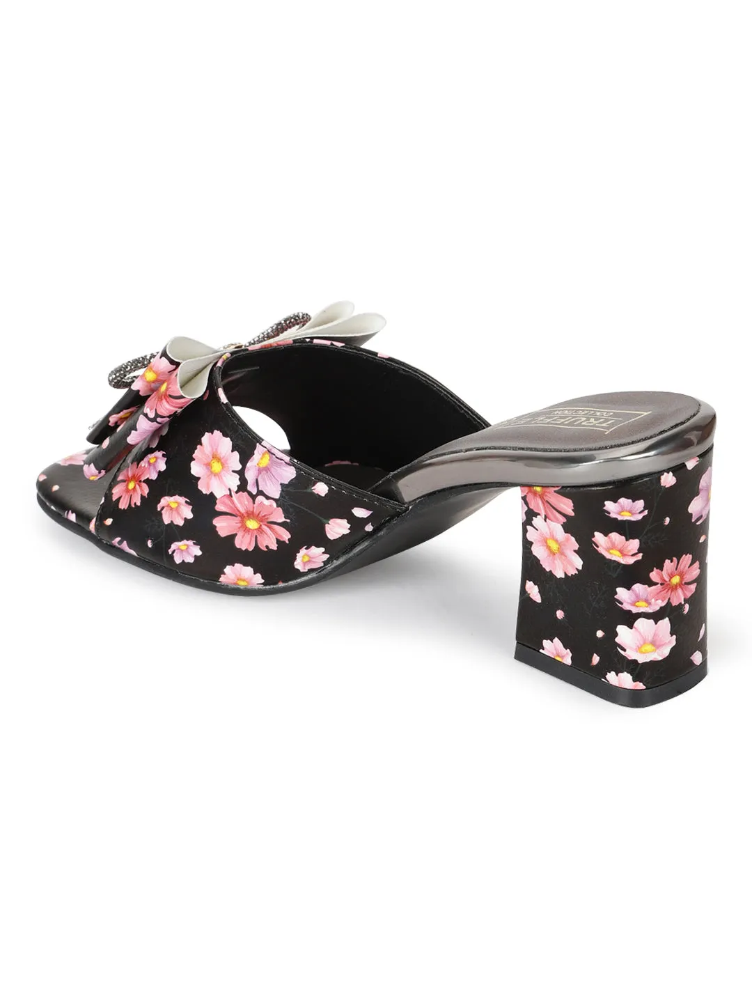 Black PU Floral Diamante Bow Block Heel Mules (TC-SLC-R550-BLK)