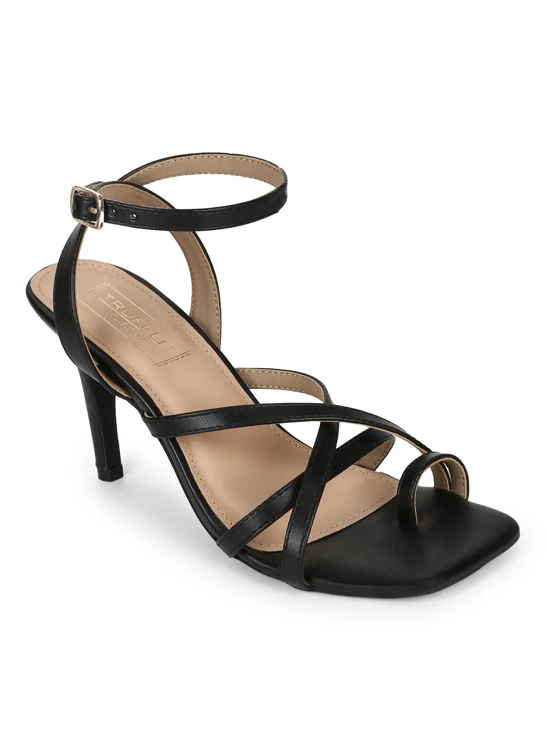 Black PU Thumb Wrap Style Strappy Stilettos (TP10172-BLK)