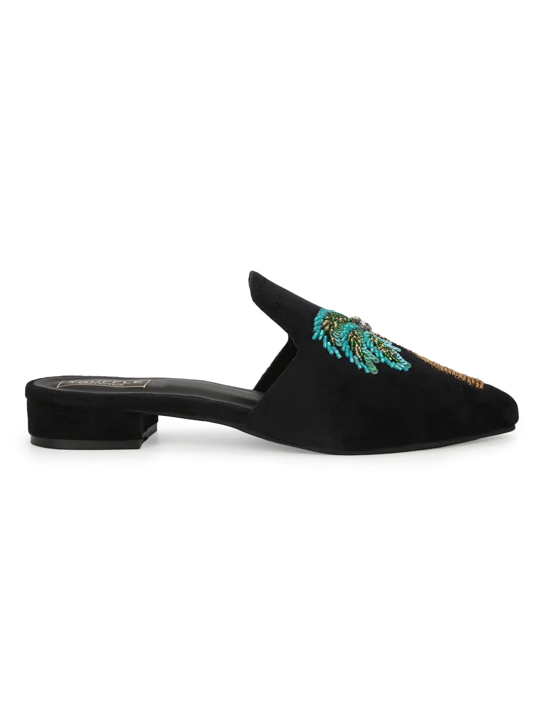 Black Suede Tropical Embroidery Kitten Heel Mules (TC-SLC-MJ-12-BLK)